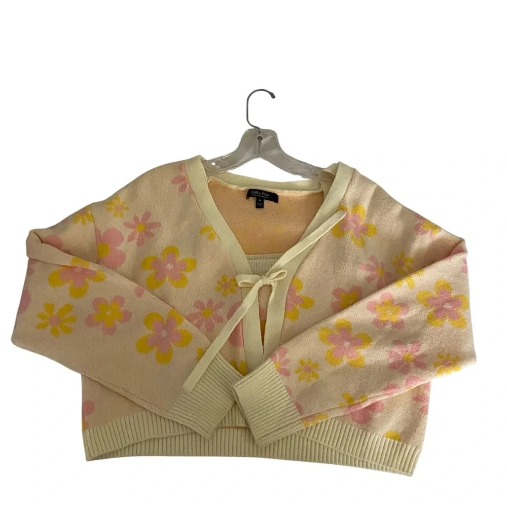 Witty Fox Floral Cropped Knit Cardigan Tank top Set Tie-front pink soft Girl - Picture 4 of 10